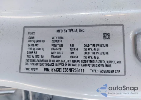 2022 Tesla Model 3 Long Range Dual Motor All-Wheel Drive from USA, damaged, VIN 5YJ3E1EB5NF256111